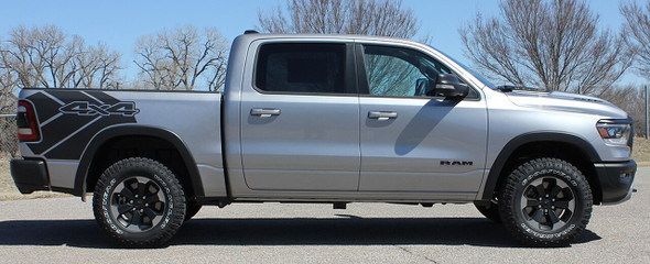 Side view of 2020 Dodge Ram 1500 Truck 4x4 Bed Side Graphics 2019-2024 REB SIDE