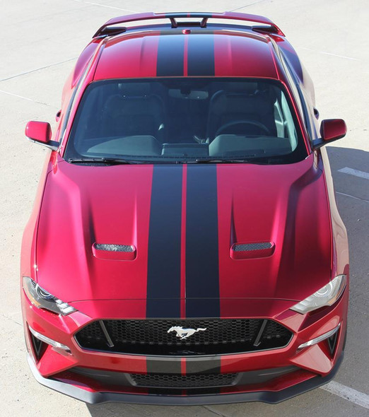 Front of red 2018 Ford Mustang GT Decals STAGE RALLY 2018-2023