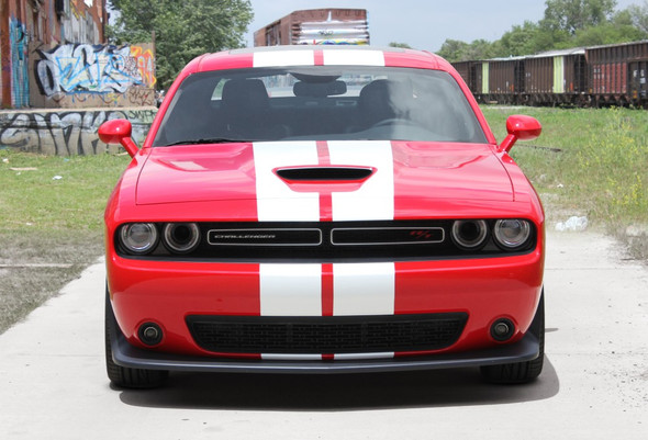 Front of red Hellcat, RT, 393 Dodge Challenger Racing Stripes 2015-2023