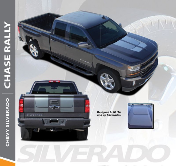 Chevy Silverado Hood Stripes CHASE RALLY Rally Edition Hood Decal Tailgate Vinyl Graphic Racing Stripe Kit for 2016 2017 2018