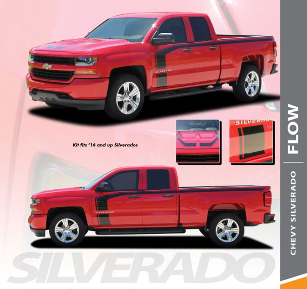 Chevy Silverado Side Stripes FLOW Special Edition Rally Hood Upper Body Hockey Accent Vinyl Graphic Decals 2016 2017 2018