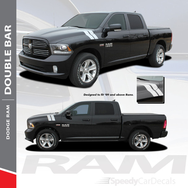 RAM DOUBLE BAR : 2009-2018 Dodge Ram Hood Hash Marks Stripes Decals Vinyl Graphics Kit