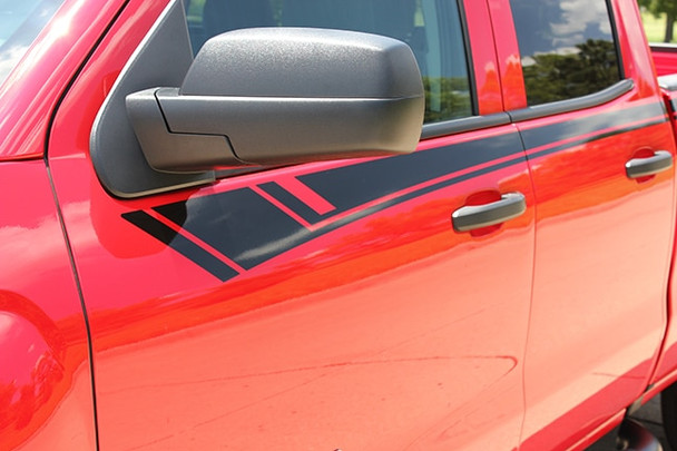 close up of red 2014-2017 2018 Chevy Silverado Door Stripes BREAKER