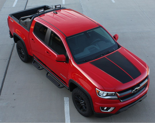 Right angle of Red 2020 Chevy Colorado Hood Graphics SUMMIT HOOD 2015-2021