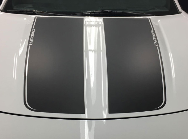 Hood view of RECHARGE COMBO 15 : Dodge Charger Hood Decals and Side Stripe Decals