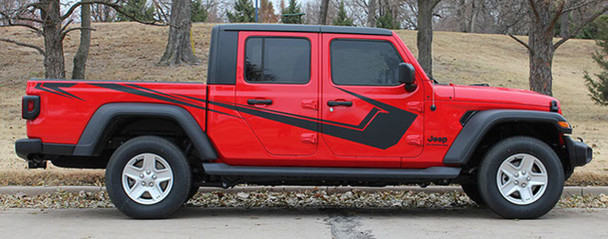 Side of red PARAMOUNT SOLID Jeep Gladiator Side Body Graphics Decal Stripe Kit for 2020-2024