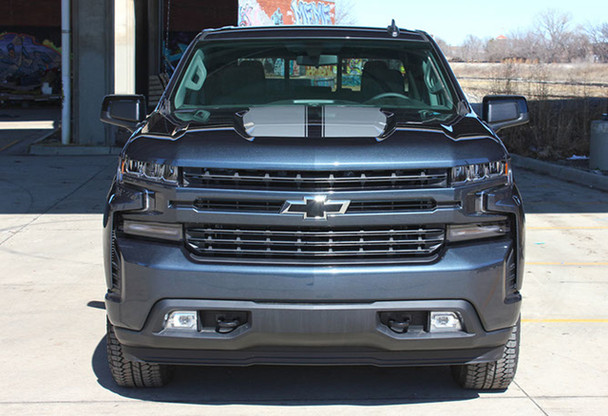 Front view of 2020 Chevy Silverado Racing Stripes BOW RALLY 2019-2024