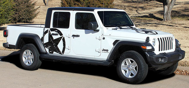 Side view of white Gladiator with LEGEND SIDE KIT : 2020-2024 Jeep Gladiator Side Decals Package