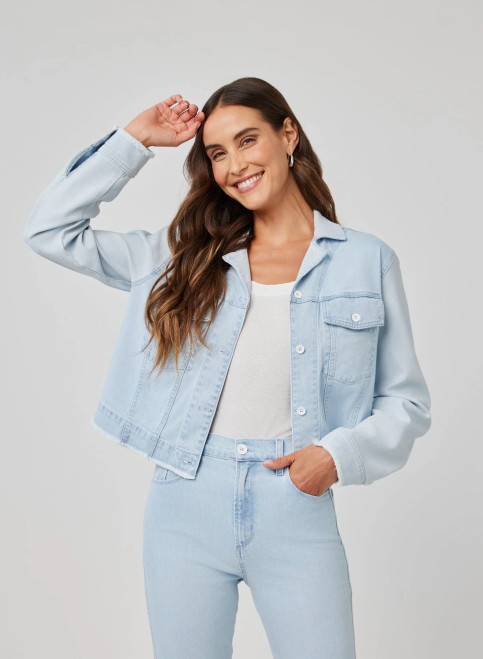Coco Frayed Mix Denim Jacket in Tidal Wash Spray Coco Frayed Mix Denim Jacket in Tidal Wash Spray