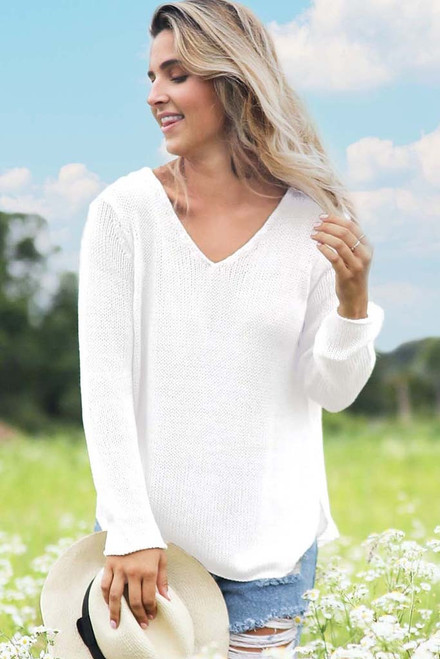 Shirt Tail V Cotton Sweater in Breaker White