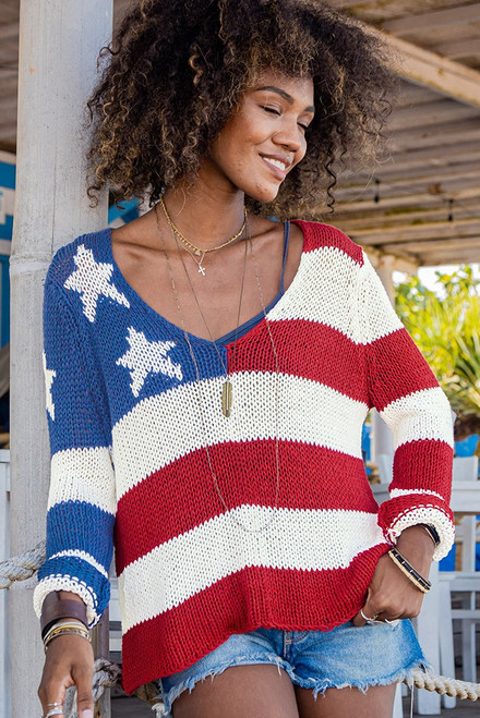 Chunky Flag V Cotton Sweater in Royal Flag