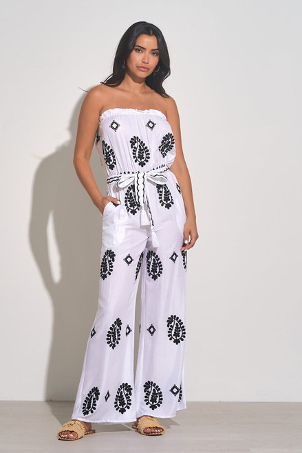 Strapless Jumpsuit in White Black Embroidery