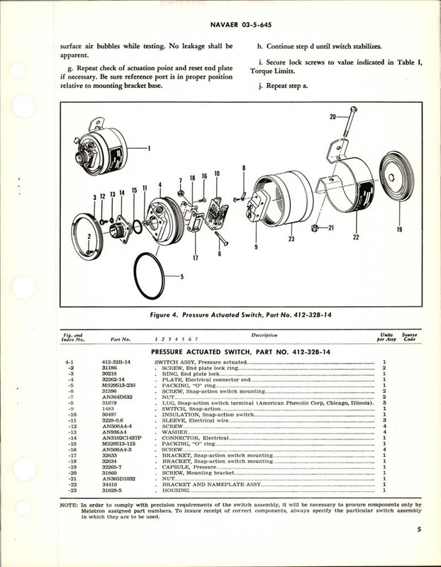 Overhaul Instructions with Parts Breakdown for Pressure Actuated Switch -  Part 412-32B-14 - AirCorps Library