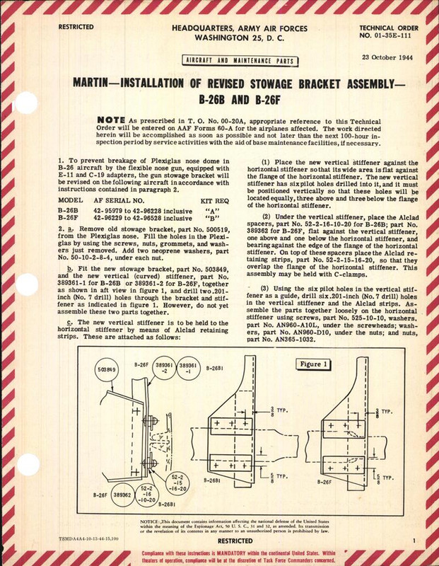 Installation of Revised Stowage Bracket Assembly for B-26B and B-26F