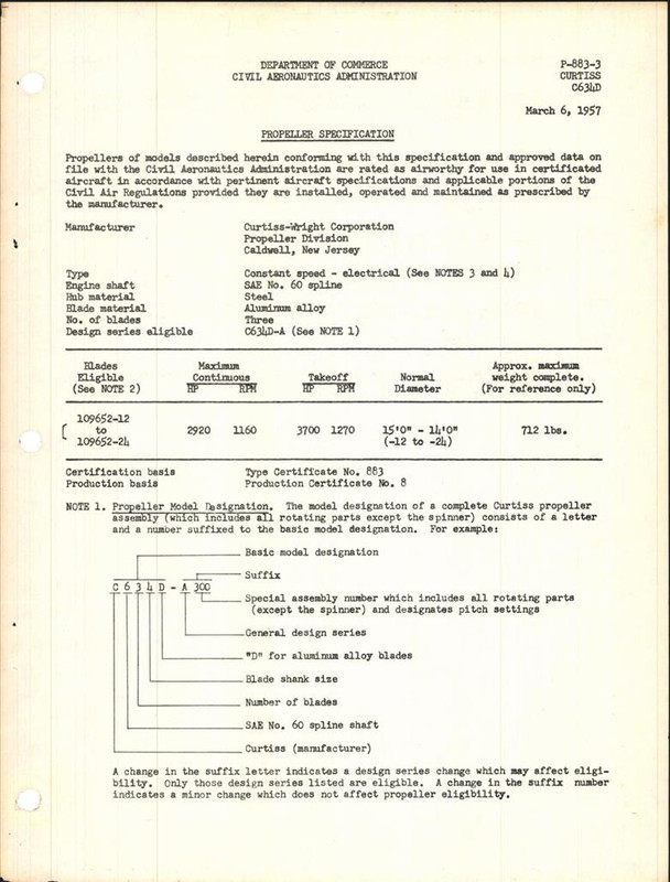 Propeller Specification for Curtiss C634D Prop - AirCorps Library