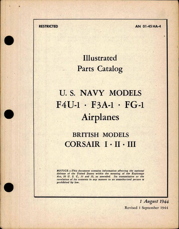 Parts Catalog for Navy Models F4U-1, F3A-1, FG-1, and British Models Corsair - II - - AirCorps Library