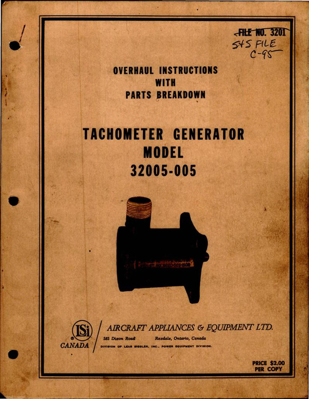 Overhaul Instructions with Parts for Tachometer Generator - Model