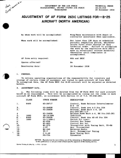 Adjustment of AF Form 263C Listings for - B-25 Aircraft (North American ...