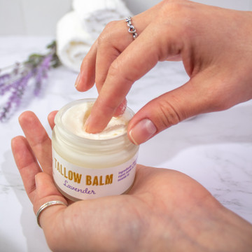 Lavender Tallow Balm, all-natural, non-toxic, safe skincare for healthy, glowing skin, all over moisturizing.
