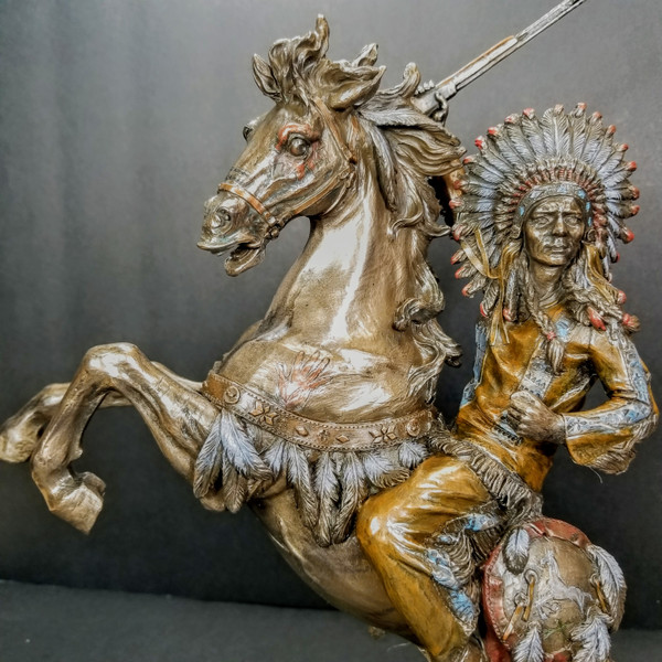 SIOUX CHIEF RAISING RIFLE ON A REARING HORSE BRONZE