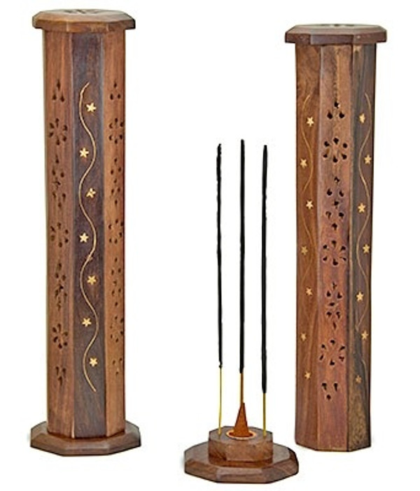 BRASS INLAY WOODEN TOWER INCENSE BURNER