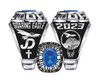 Juan Diego Senior Class 2023 “Spiritus Donorum” ring with Blue Spinel Stone, Soaring Eagle Logo on left shank and JD Crest & Graduation Year on the right shank. Optional upgrade options: Stealth Metal Finish option,  replace “Soaring Eagle” with Student First Name, Natural Finish option and Hand-Sculptured Palmside option. XL is a large size ring, SM is a smaller size of the same ring.