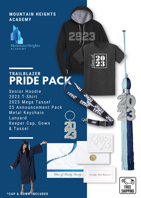 This package contains your Keeper Gown, Cap & Tassel as well as all the swag you need to make this year memorable, 2nd Mega Tassel, 23 Lanyard, Hoodie, T-shirt, 23 Metal Keychain and Graduation Announcements.