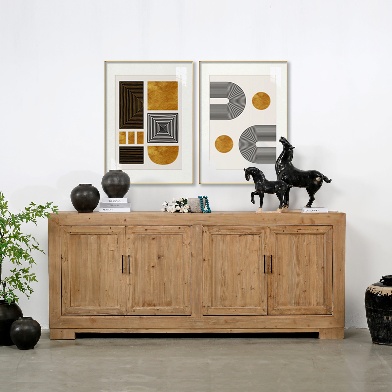 Capri Four Doors Tall Sideboard Weathered Natural Pine Warm Wood Tone  101x18x43H - Lilys Living