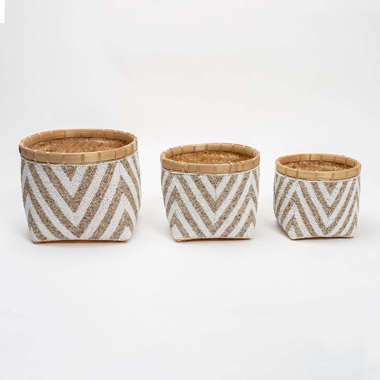 Set of 3 beaded bamboo basket 11x11x9H - Lilys Living