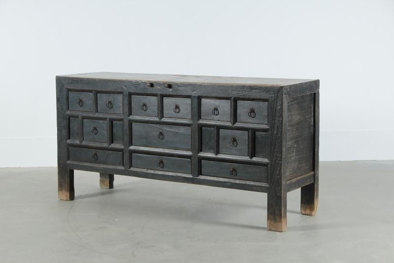 Antique Sideboard 63.7x18x31H Original Distressed Black Lacquer