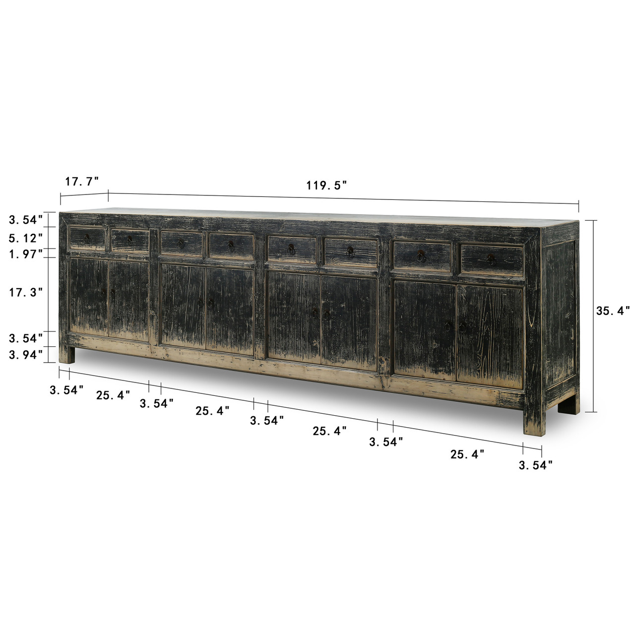 119 Inches Long 8 Drawers 8 Doors Sideboard Distressed Black - Lilys Living
