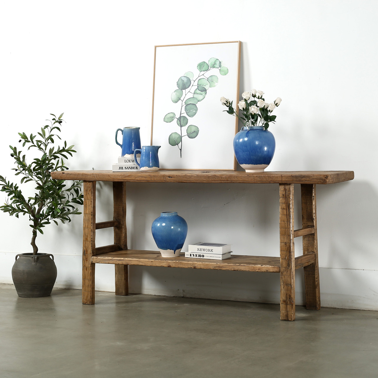 Approx. 72 Inches Long Vintage Console with Shelf Neutral Wood