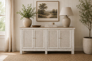 Amalfi Two Tones Sideboard with 4 Rattan Doors Antique Off White 71x18x35H