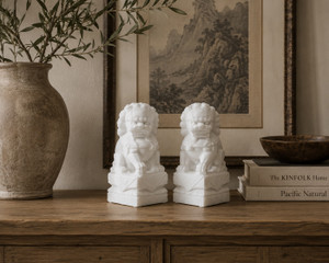 Pair of White Marble Guardian Lion Medium