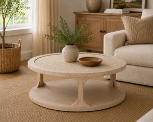 Milo Round Coffee Table with Rattan Top Weathered Whitewash 50x50