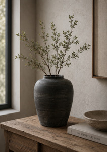 Approx. 11" Earthy Gray Pottery Jar with Three Lines