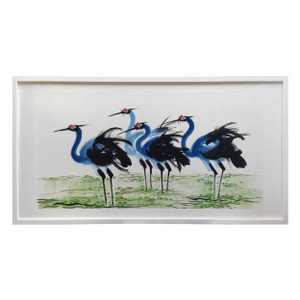 Color Ink Painting-A Group of Resting Red Crowned Crane  White Frame 65x34H(Pre-order only)