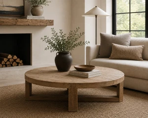 Capri round coffee table crossed leg weathered natural 50x50x16H