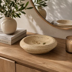 Approx. 8" Round Decorative Natural Travertine Bowl with Spiral Design