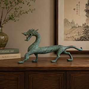 Approx. 21" Long Distressed Green Bronze Han Dragon Statue