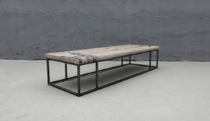 Vintage coffee table 72x25x15H weathered natural with rough and thick old door top