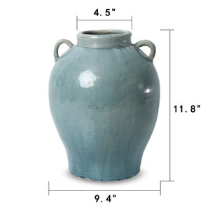 Approx. 12" H Vintage Style Blue-Green Vase with Two Handles (4.5" Opening) Approx. 12" H Vintage Style Blue-Green Vase with Two Handles (4.5" Opening)