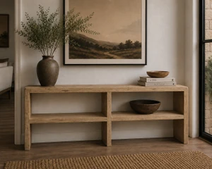 Approx. 87" Long Waterfall Console with Double Shelves Weathered Natural