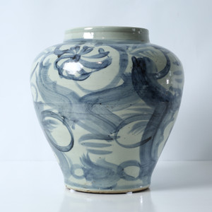 Approx. 13" High Blue and White Jar with Flower Motif Approx. 13" High Blue and White Jar with Flower Motif