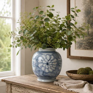 Approx. 10 Inches Tall Blue and White Vase with Flower Motif