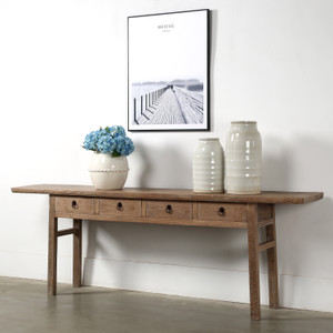 Approx. 94 Inches Vintage Console Table with Four Drawers Weathered Natural 93.7x17x32.28H Approx. 94 Inches Vintage Console Table with Four Drawers Weathered Natural 93.7x17x32.28H