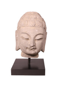 12" High Stone Buddha Head Statue With Black Base Vintage finish 12" High Stone Buddha Head Statue With Black Base Vintage finish