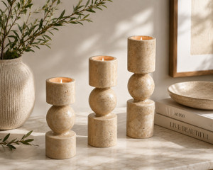 Natural Travertine Stone Candle Holders Set of Three 8"/10" /11.8" High