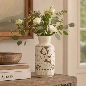 Approx. 15 Inches Amalfi Double Glazed Tall Vase with Flower Motif (5.1" Opening)