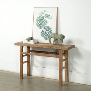 Approx. 52" Wide 13" Deep Antique Console Table Elmwood Rustic Neutral Wood Tone Approx. 52" Wide 13" Deep Antique Console Table Elmwood Rustic Neutral Wood Tone